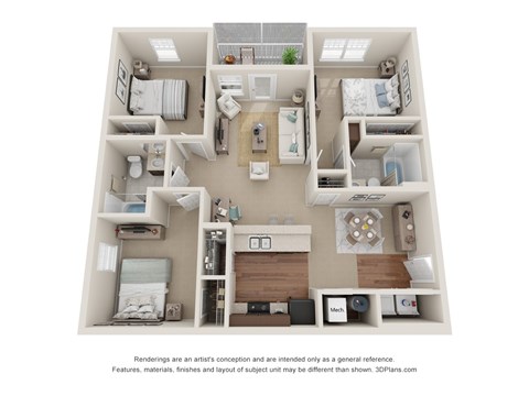 Floor plan for 3 beds, 2 baths, 1165 sqft